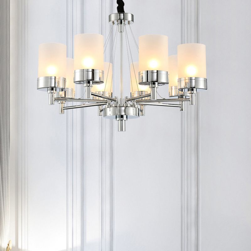8 Heads Cylinder Hanging Chandelier Modernist Frosted Glass Pendant Light Fixture in Chrome