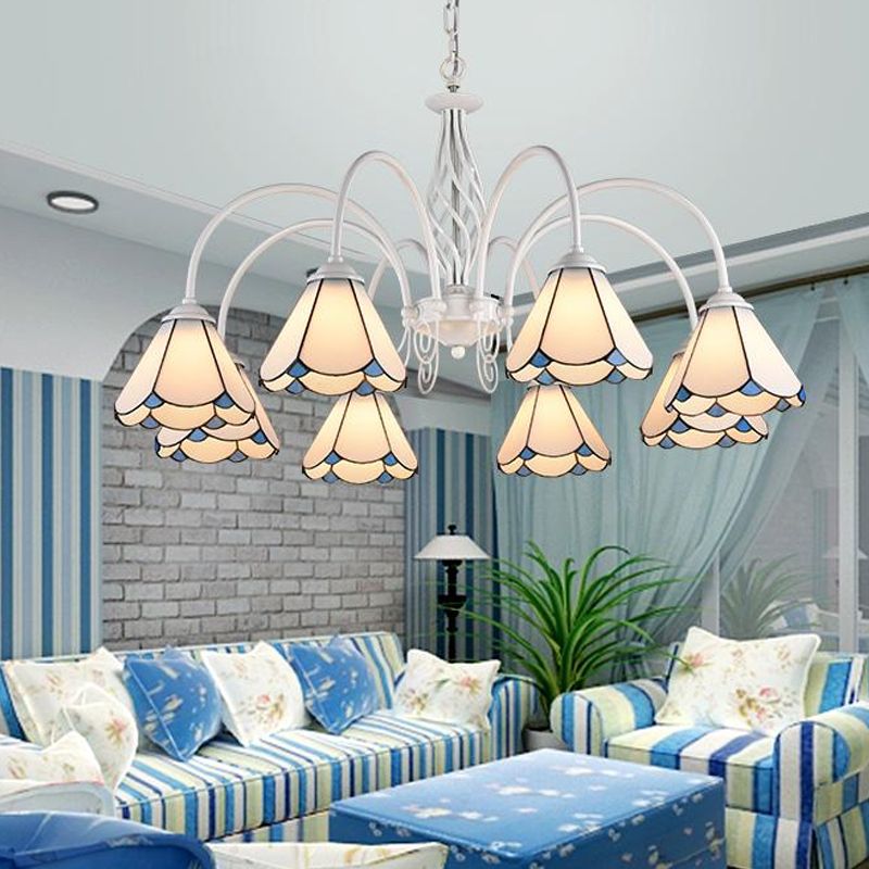 Salon lustre lustre de style méditerranéen lampe de suspension blanche avec nuance en verre coupé feston