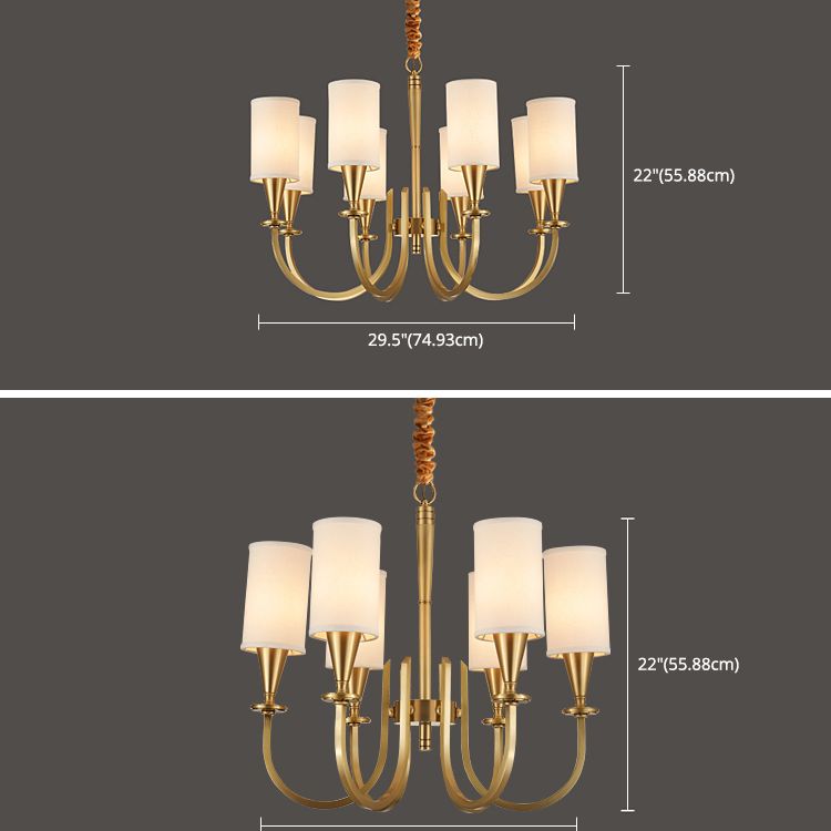 American Rustic Style Copper Chandelier Multi-lights Cylindrical Fabric Shade Hanging Light in Gold