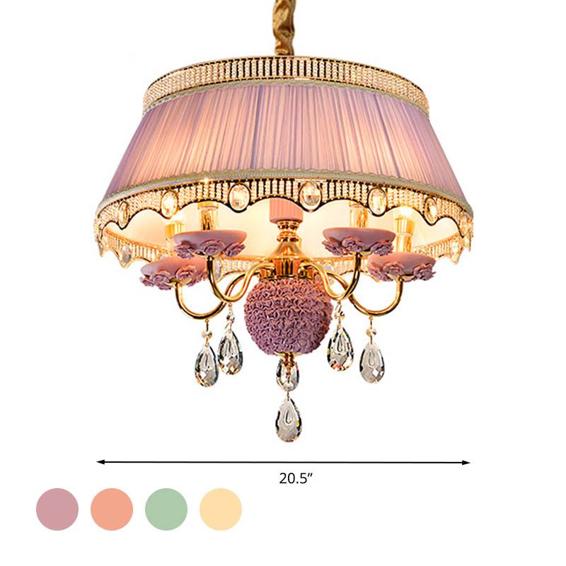 Fabric Scalloped Chandelier Lighting Modern 5 Heads Pink/Blue/Purple Hanging Ceiling Light with Crystal Drop