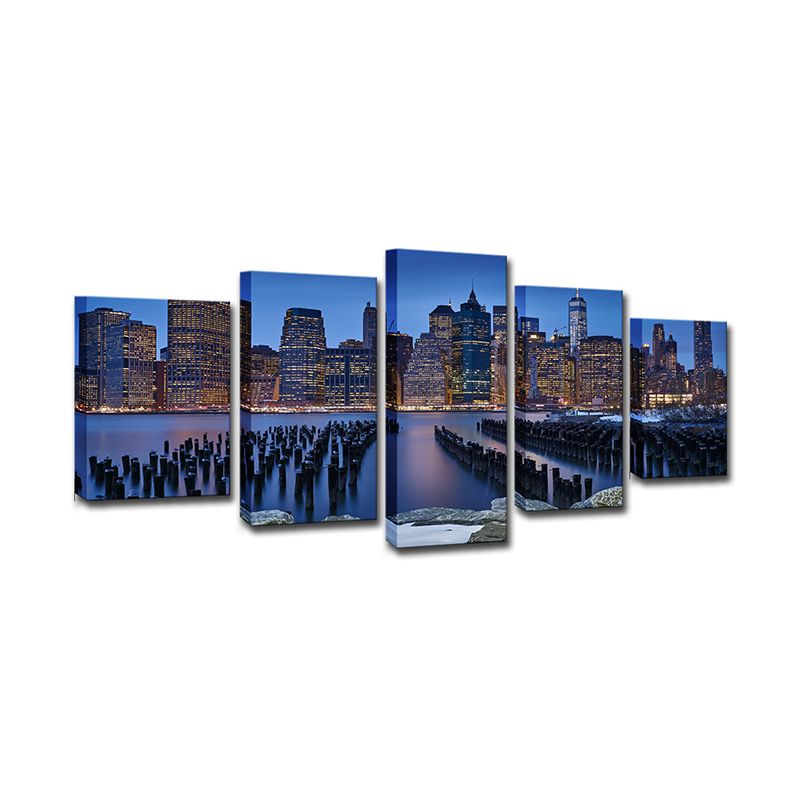 Manhattan Night View Wall Art Decor Blue Contemporary Canvas Print for Living Room