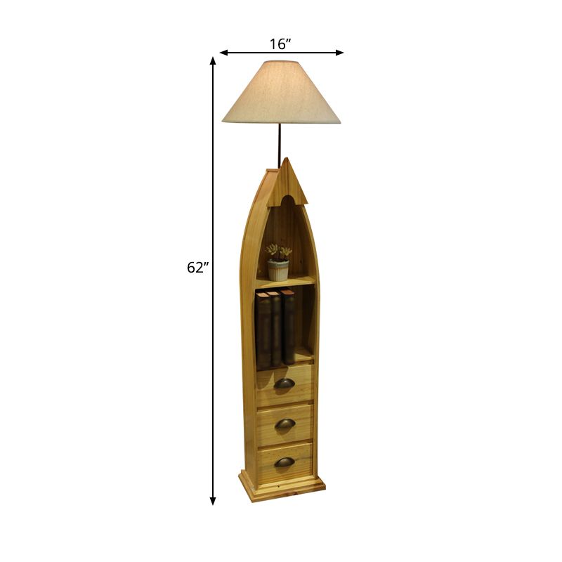 Conical Fabric Floor Lighting Kid 1-Bulb Wit/geel/houten schip staande lamp met plank en lade
