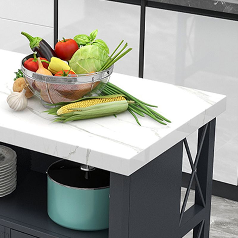 Modern White Faux Marble Kitchen Trolley with Storage Cabinet