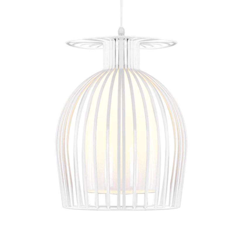 Cage en fer Cage vers le bas Éclairage moderne 1 pendentif suspendu léger en blanc avec une nuance en verre d'opale pour le restaurant