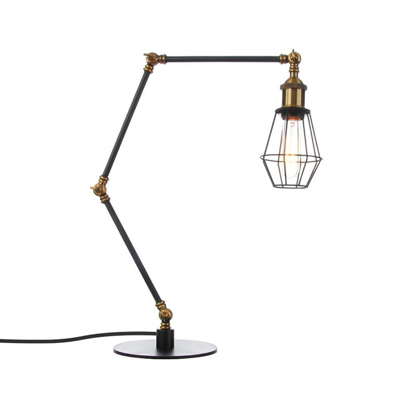 Wire Frame Table Lighting Industrial Style Metal 1 Light Black/Brass Finish Table Lamp with Adjustable Arm