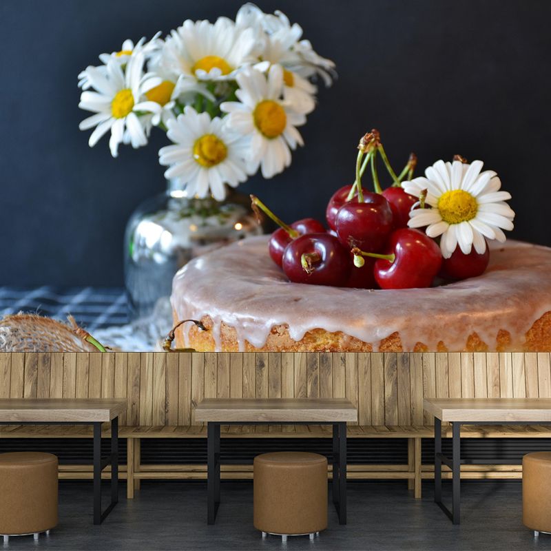 Customized Dessert Wall Mural with Cherry Cake Pattern Mildew Resistant Wallpaper Commerce Shop
