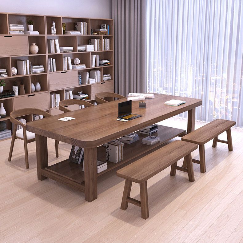 Contemporary Solid Wood Writing Desk 1-shelf Rectangle Office Desk with H-Base