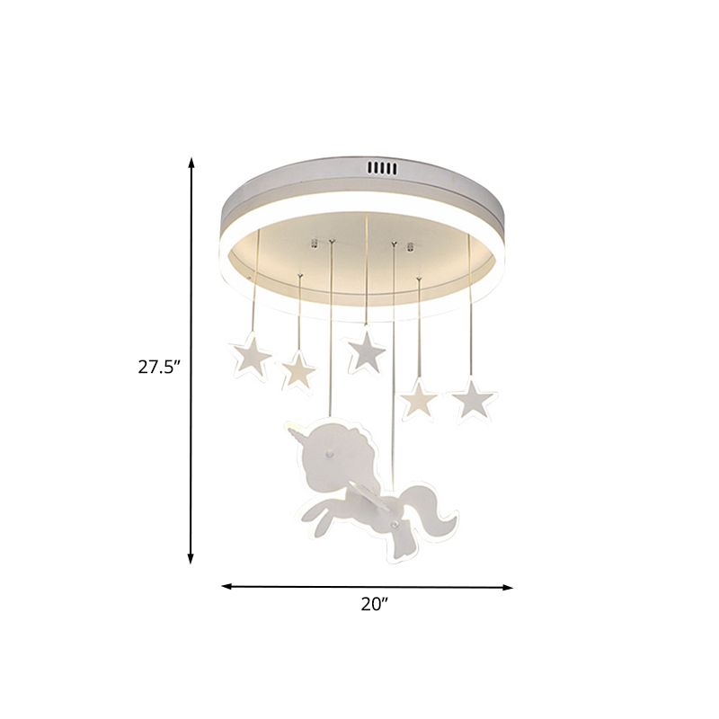 Circular Acrylic Ceiling Mount Lamp Cartoon White LED Flush Mount Lighting Fixture with Star and Unicorn Drape