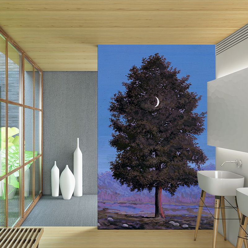 Grey-Blue Surrealistic Mural Wallpaper Large Waxing Moon Hang in Tree Painting Wall Decor for Home
