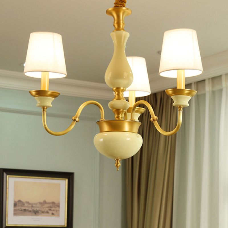 Ceramics Candelabra Chandelier Countryside 3/6/8-Bulb Bedroom Pendant Lamp with Cone Fabric Shade