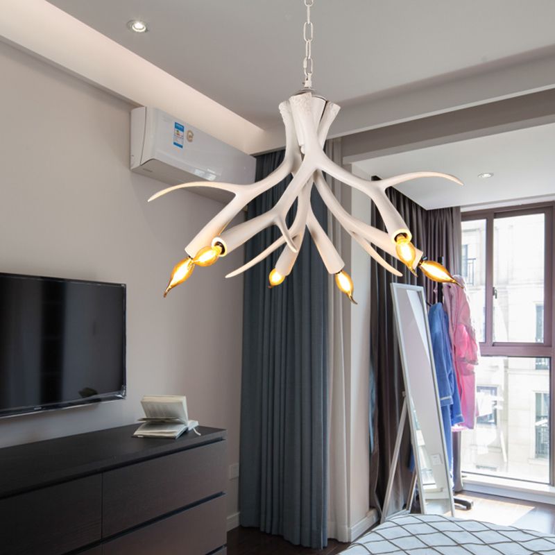 White 6 Lights Chandelier Lighting Modern Resin Faux Antler Pendant Lamp with Adjustable Chain