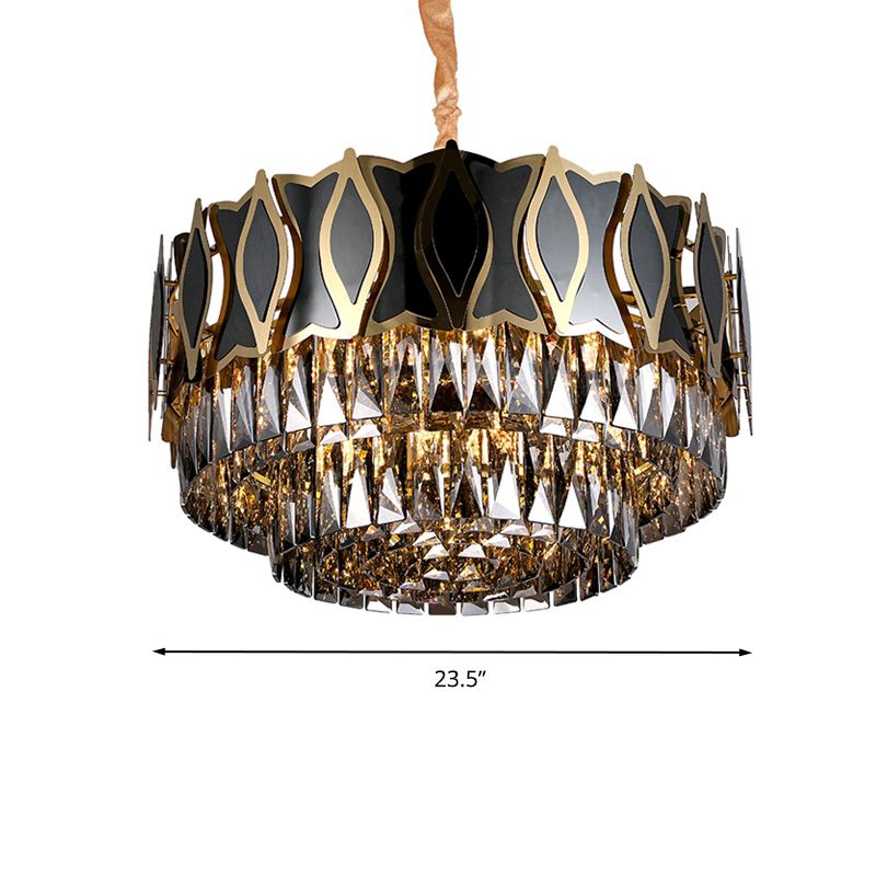 Black Round Chandelier Pendant Light Modernism 9 Lights Rectangle-Cut Crystal Suspension Light