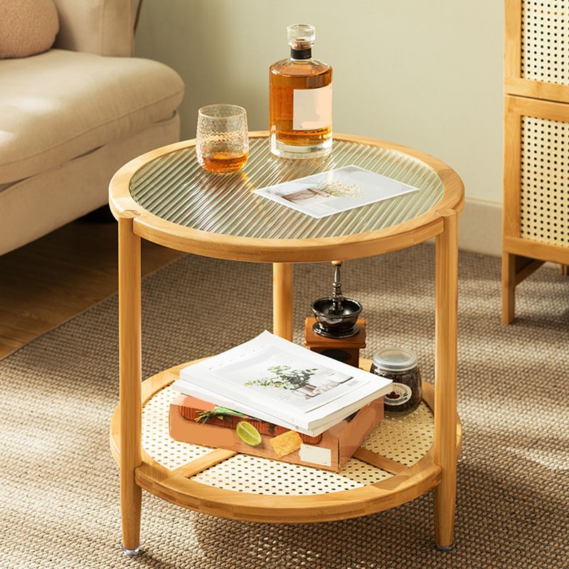 Tropical Glass Top Coffee Table Round Single Coffee Cocktail Table with Storage Shelf