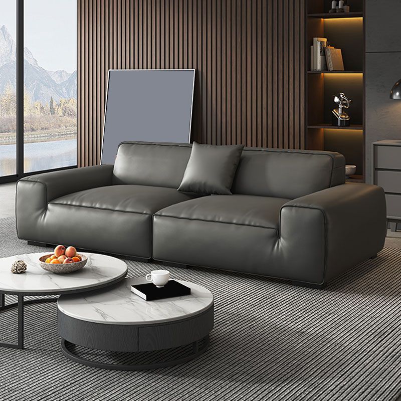 Contemporary Black Genuine Leather Square Arm Sofa with Pillows