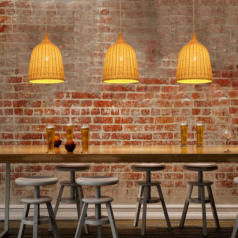 Hand Made Bamboo Bucket Hanging Lamp Rustic Single Bulb Pendant Light Fixture in Beige