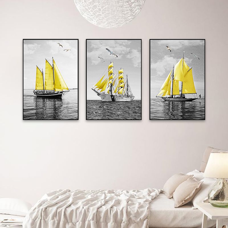 Sea Sailing Ships Wall Art Living Room Scenery Canvas Print in Yellow-Grey, Set of 3