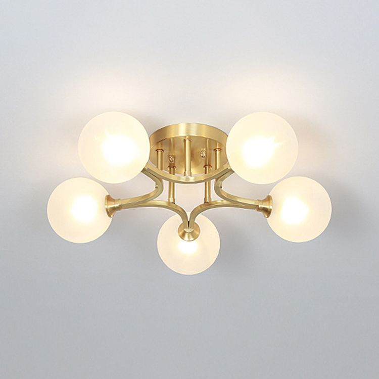 Sphere Bedroom Semi Flush Mount Light Glass Nordic Style Ceiling Light in Gold