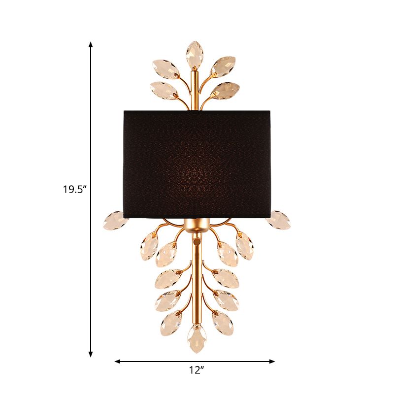 Black Rectangle Sconce Light Fixture Vintage Style 1 Bulb Fabric Wall Light with Clear Crystal Branching Design