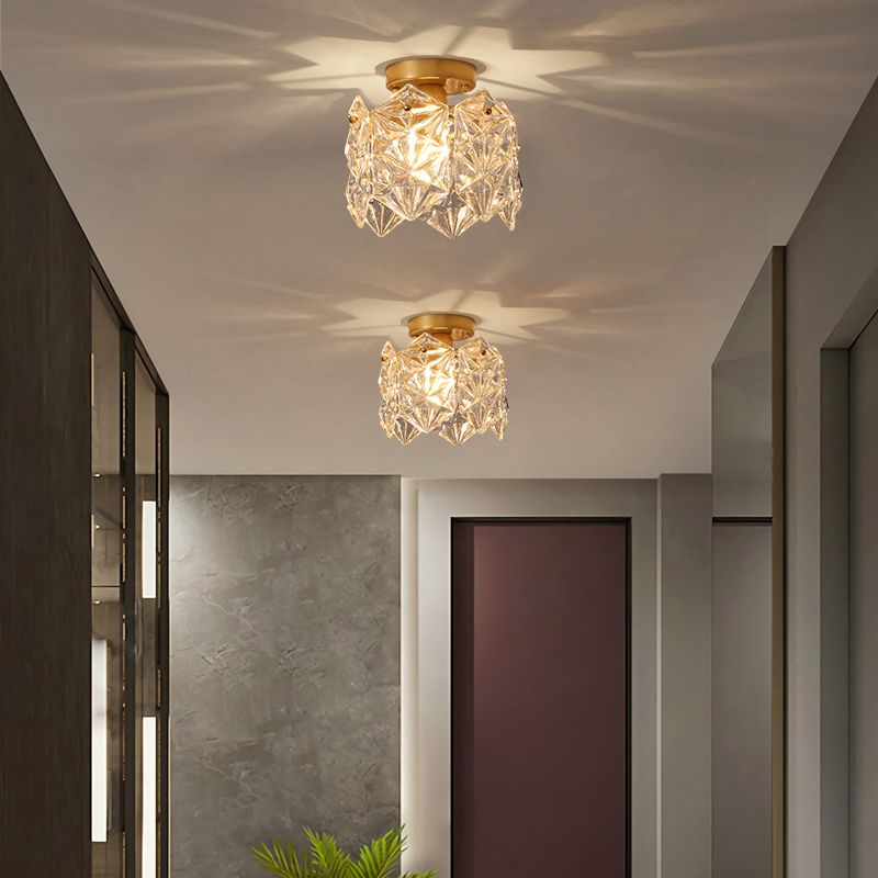 Drum Shape Flush Ceiling Lights Modern Style Glass 1 Light Flush Mount Fixture in Gold