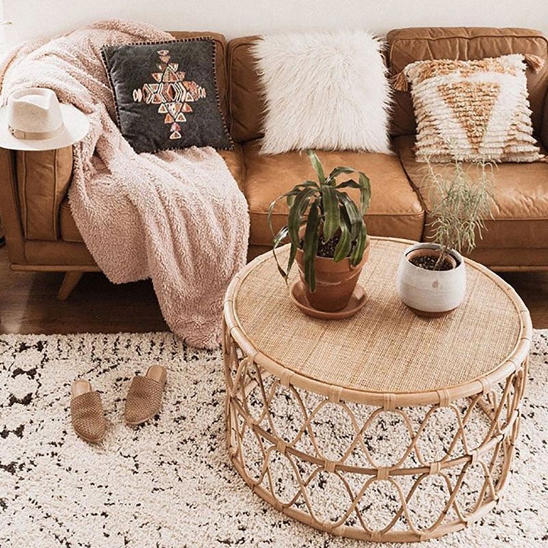 Scandinavian Round Top Coffee Table Rattan Drum Cocktail Table