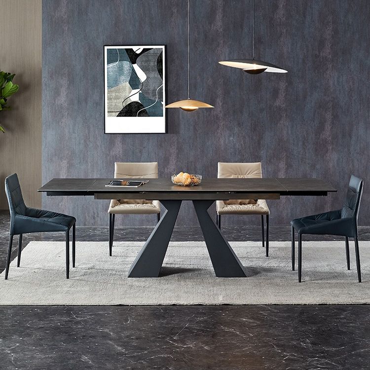 Rectangle Traditional Luxury Dining Table Grey Sintered Stone Table with Black Double Pedestal