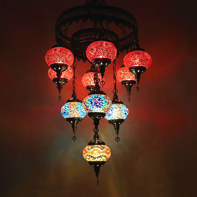 10 Heads Oval Hanging Light Fixture Traditional Red/Pink/Yellow Multicolored Stained Glass Chandelier Lamp