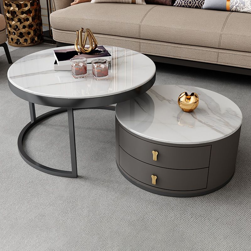 Modern Coffee Cocktail Table Round Nesting Coffee Table Set with Drawer