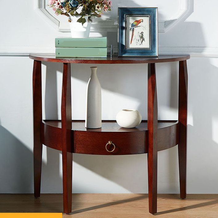 Mid-Century Modern Half Moon Wood 4 Legs Console Table in Brown