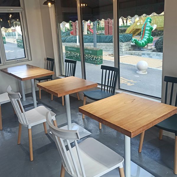 Metal Industrial Square Dining Table Pine Solid Wood Top Table with Pedestal Base