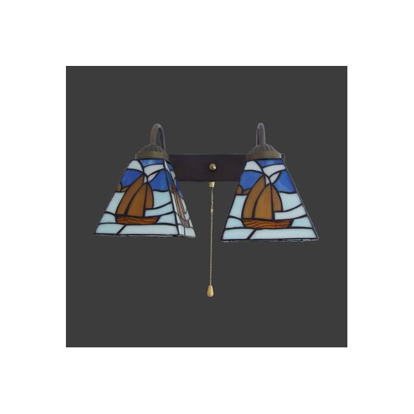 2 Heads Sailboat Wall Light Fixture Tiffany Blue Stained Glass Sconce Light with Pull Chain