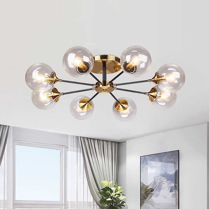 8 Heads Living Room Semi Flush Mount Modernism Brass Flush Light Fixture with Ball Clear Glass Shade