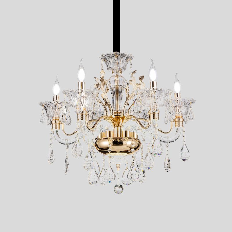 6 luces K9 Luz de colgante de cristal de medio siglo Lámpara de araña de dormitorio de velas de oro del siglo