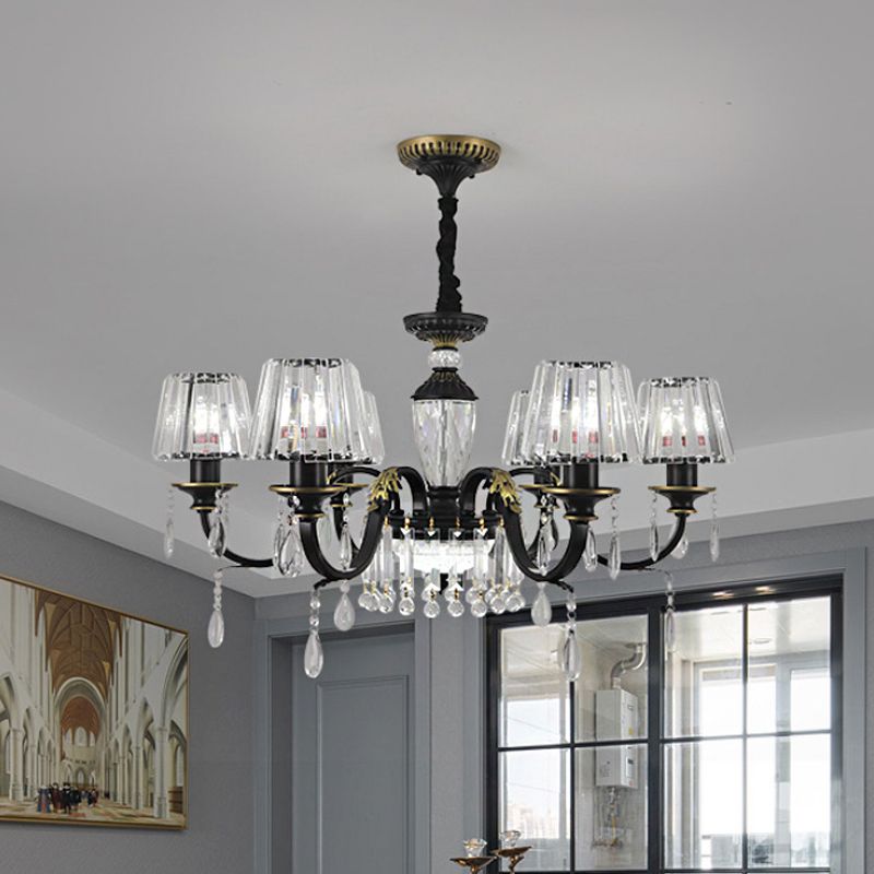 Traditional Cone Down Lighting 6/8 Heads Clear Crystal Glass Chandelier Light Fixture in Black with Droplet