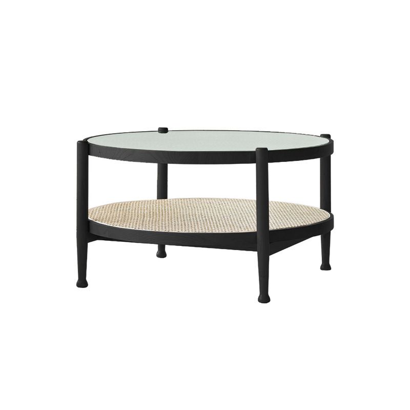 Modern Wood 4 Legs 1 Coffee Table with Shelf Round Glass Table