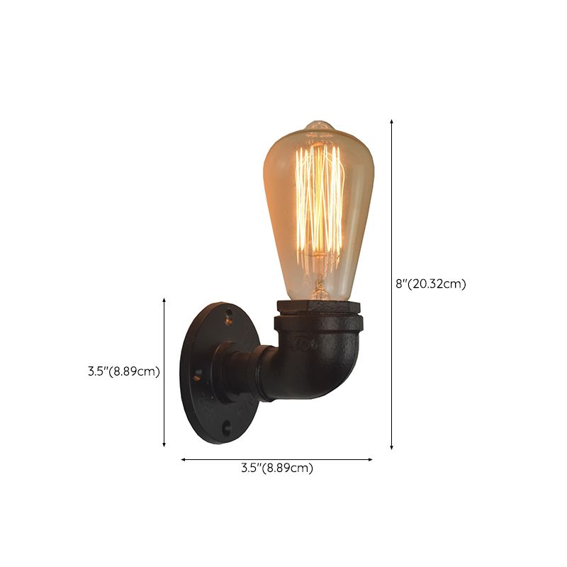 Industrial Style Pipe Shape Wall Sconce Metal 1 Light Sconces in Black for Bedroom