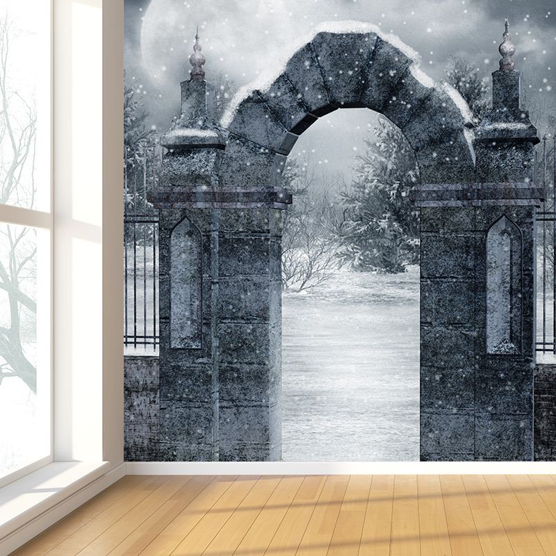 Modern Front Gate Wall Mural Non-Woven Stain Resistant Gray Wall Art for Living Room