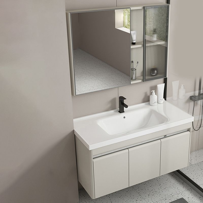 Modern Metal Sink Vanity Wall Mount Khaki Tone Bathroom Vanity with Mirror Cabinet