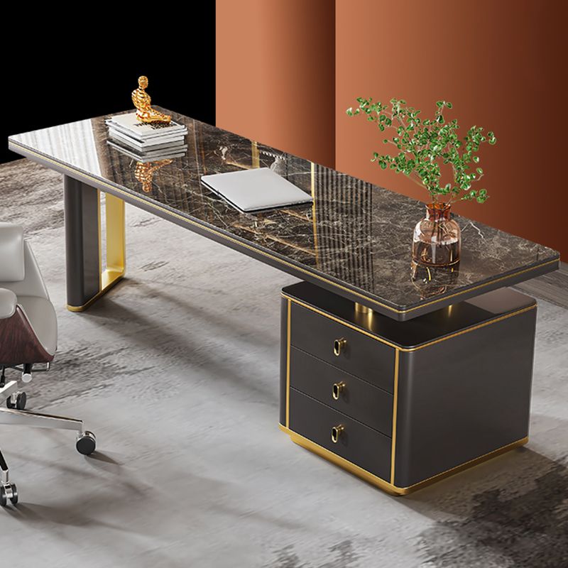 Modern Stone Office Desk Rectangular Shape Task Desk with 2-Legs in Black