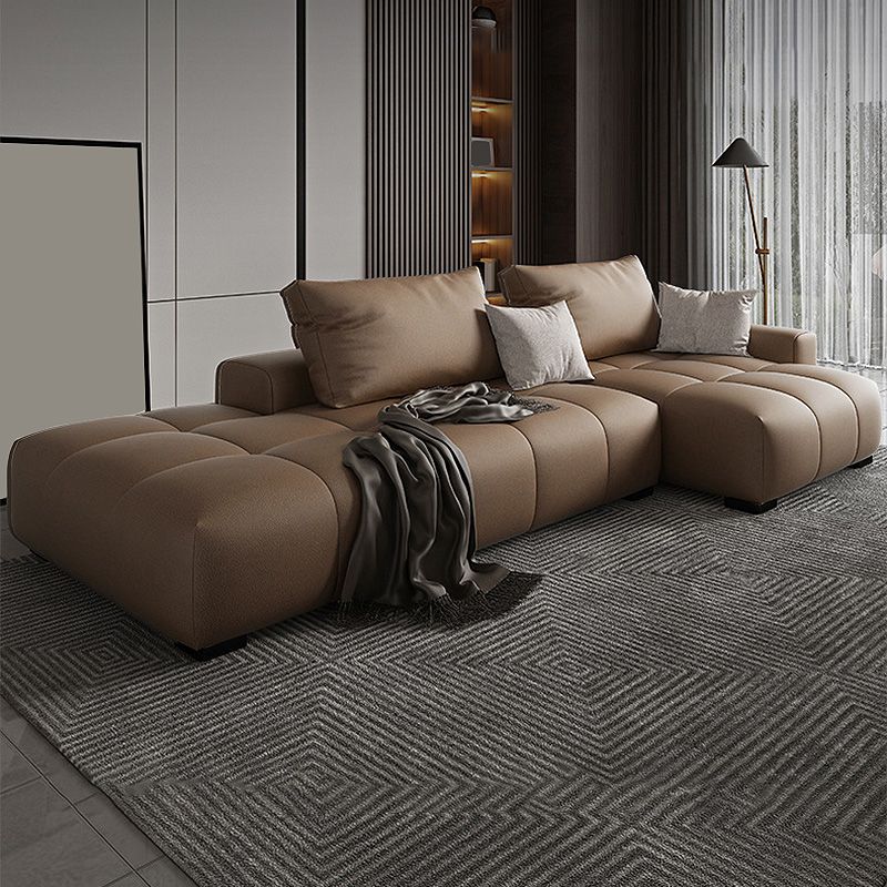 Faux leather Square Arm Sectional Brown L-Shape  Sectional for Living Room