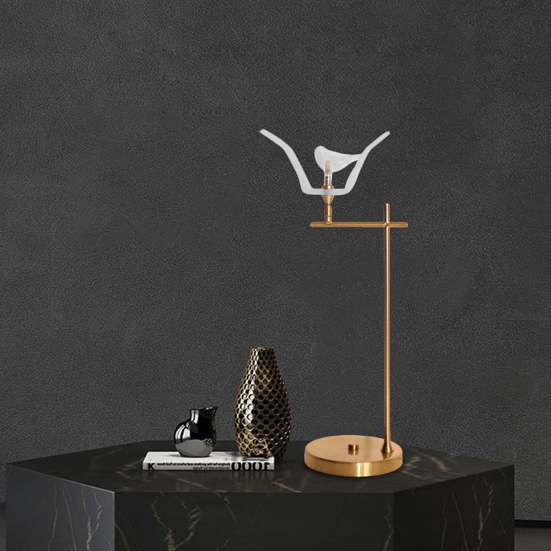 Right Angle Arm Desk Light Modernist Metal LED Gold Finish Table Lamp with Bird Opal Glass Shade