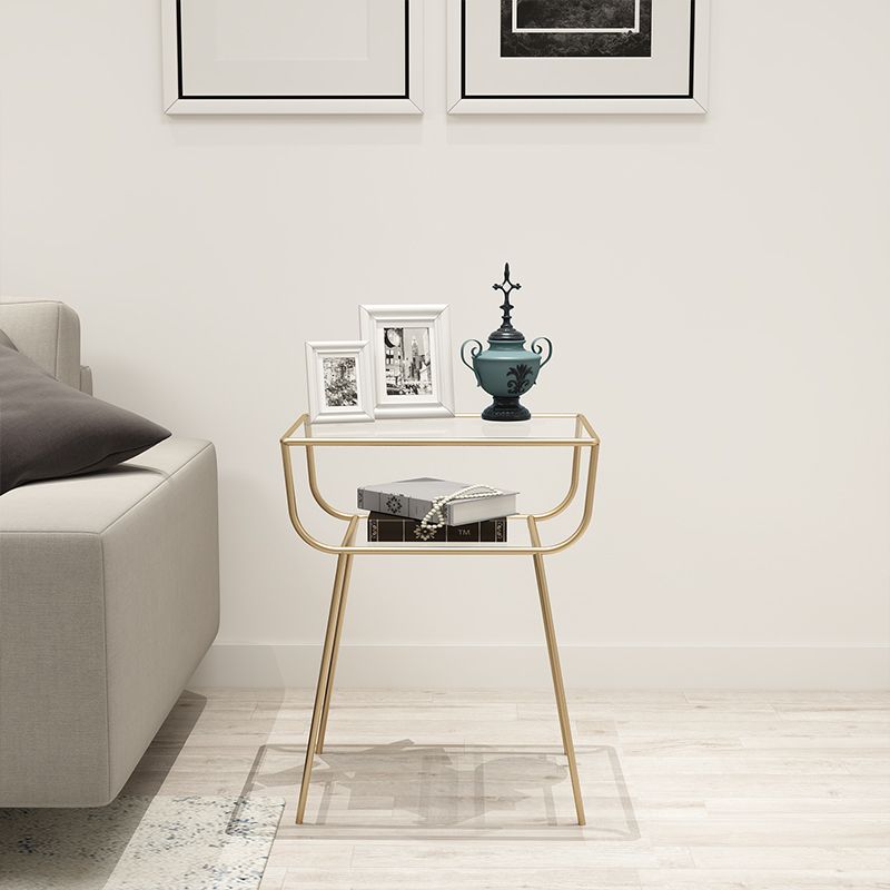 Modern Rectangle Glass Top Side Table 23.6" Tall Iron 4 Legs End Table with Shelf