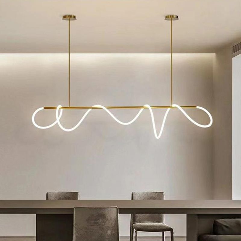 Modern Minimalism Gold Linear Island Pendant Lighting LED Metal Island Ceiling Light for Dining Table