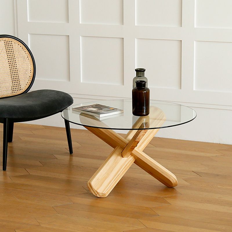 Modern Round Glass Coffee Table 17.7" H Cross Legs Cocktail Table