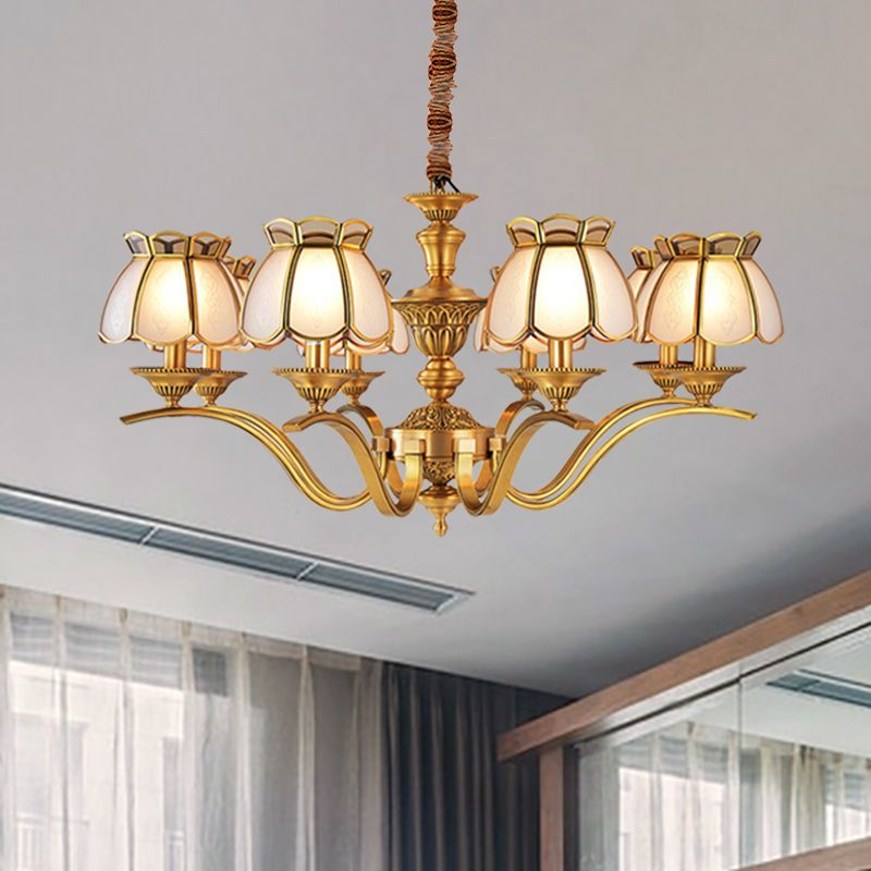 6 Lights Scalloped Chandelier Pendant Lamp Colonialist Brass Frosted Glass Hanging Ceiling Light