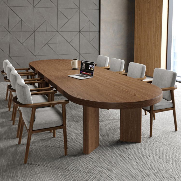 Solid Wood Top Dining Table Modern Oval Table with 4 Legs in Brown