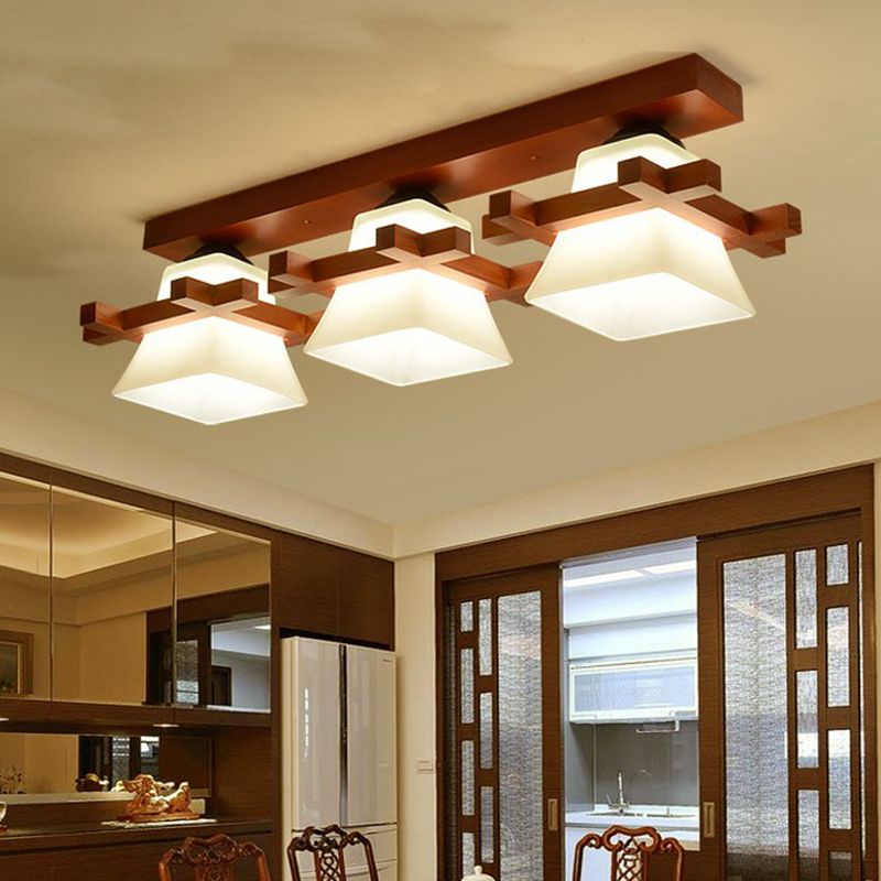 Pagoda Shaped Flush Ceiling Light Nordic Frosted White Glass Coffee Semi Mount Lighting with Wooden Frame