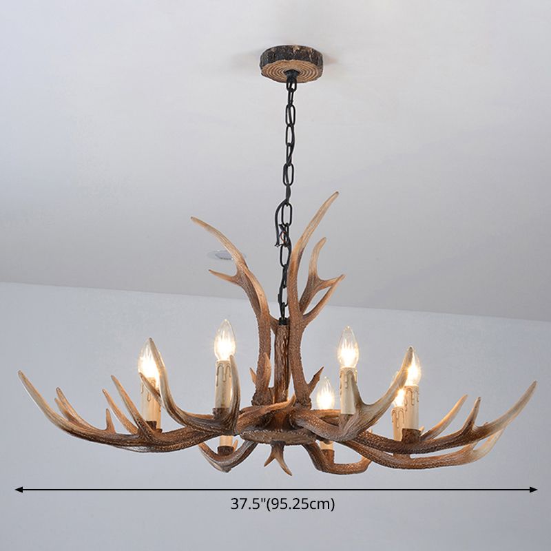 Fake Antler Chandelier Lighting Rustic Brown Resin Ceiling Light with Candle Design