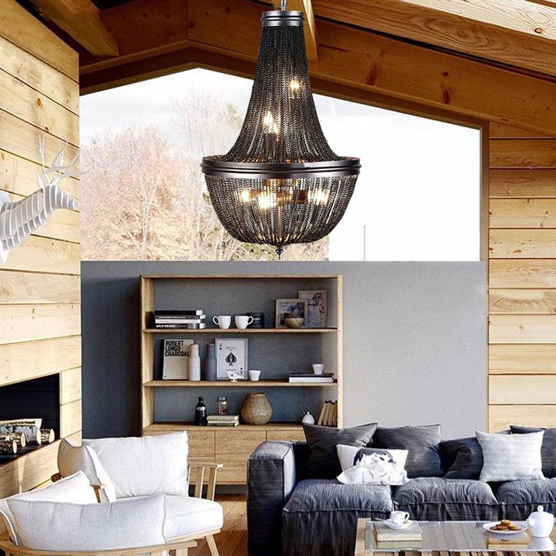 Chain Fringe Living Room Chandelier Rural Metallic 6 Lights Black Down Lighting Pendant