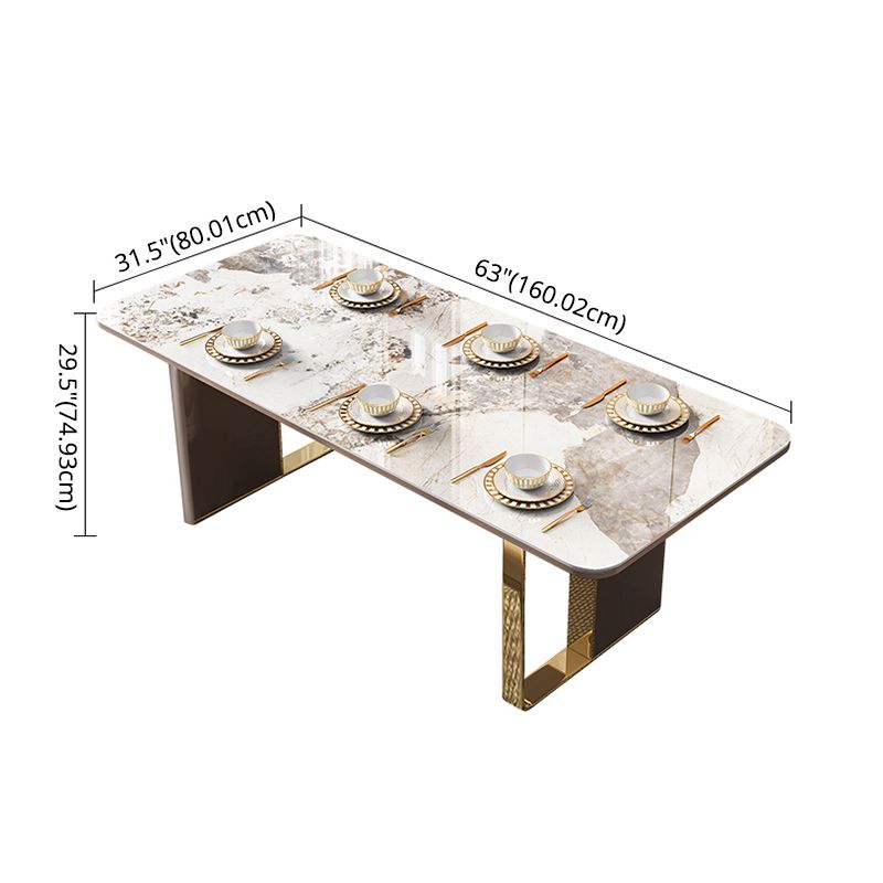 Moderne gesinterde stenen tafel set van 5/7 met rechthoektafel dinerset met gouden dubbele voetstuk