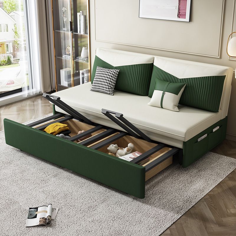 Contemporary Faux Leather Futon And Mattress, Storage Sleeper Sofa in Green and White